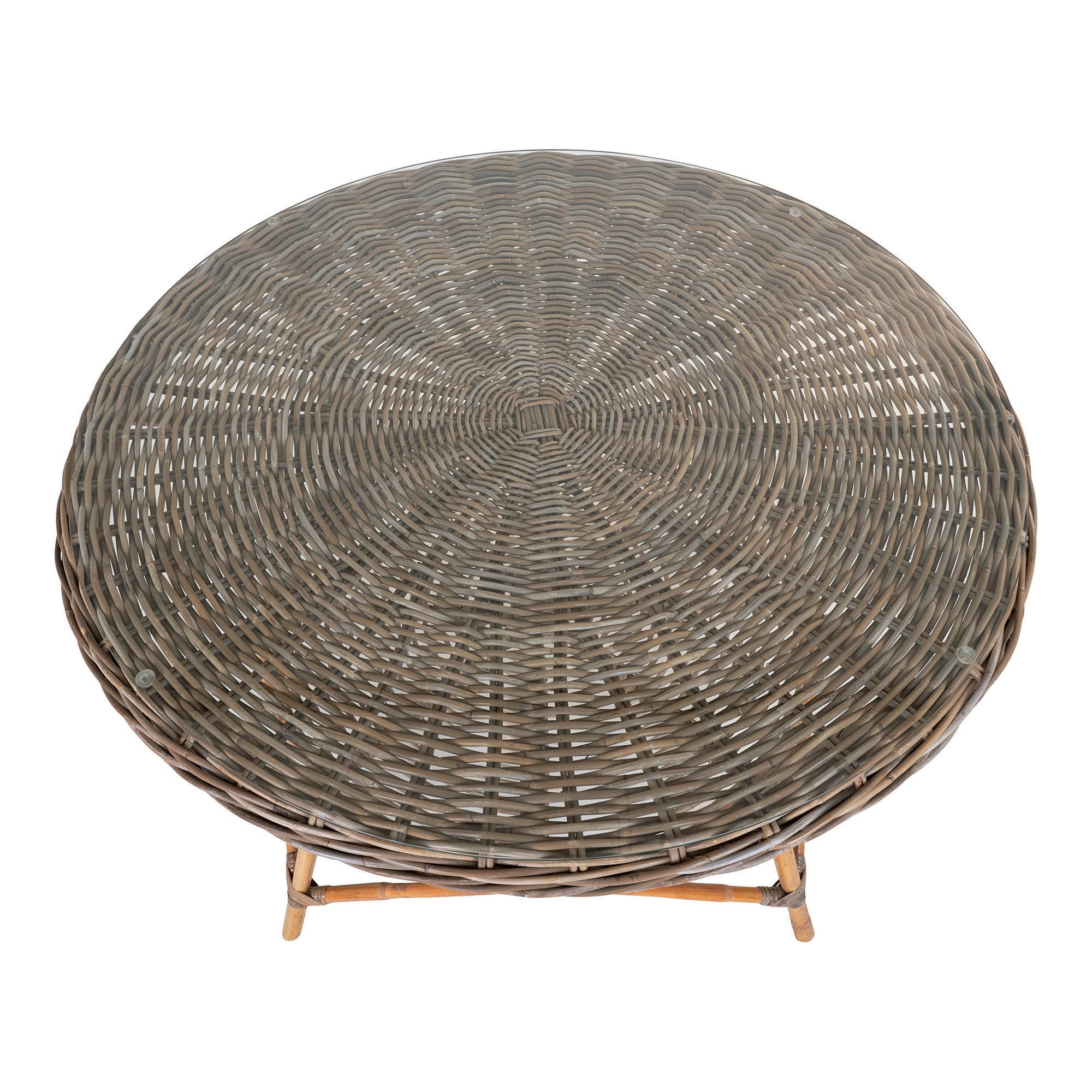 Larisa Esstisch – Ø120 cm, Kubu-Rattan & Glas, grau